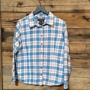 Soft flannel Women's Plaid Button-Down Shirt in Blue and Pink.